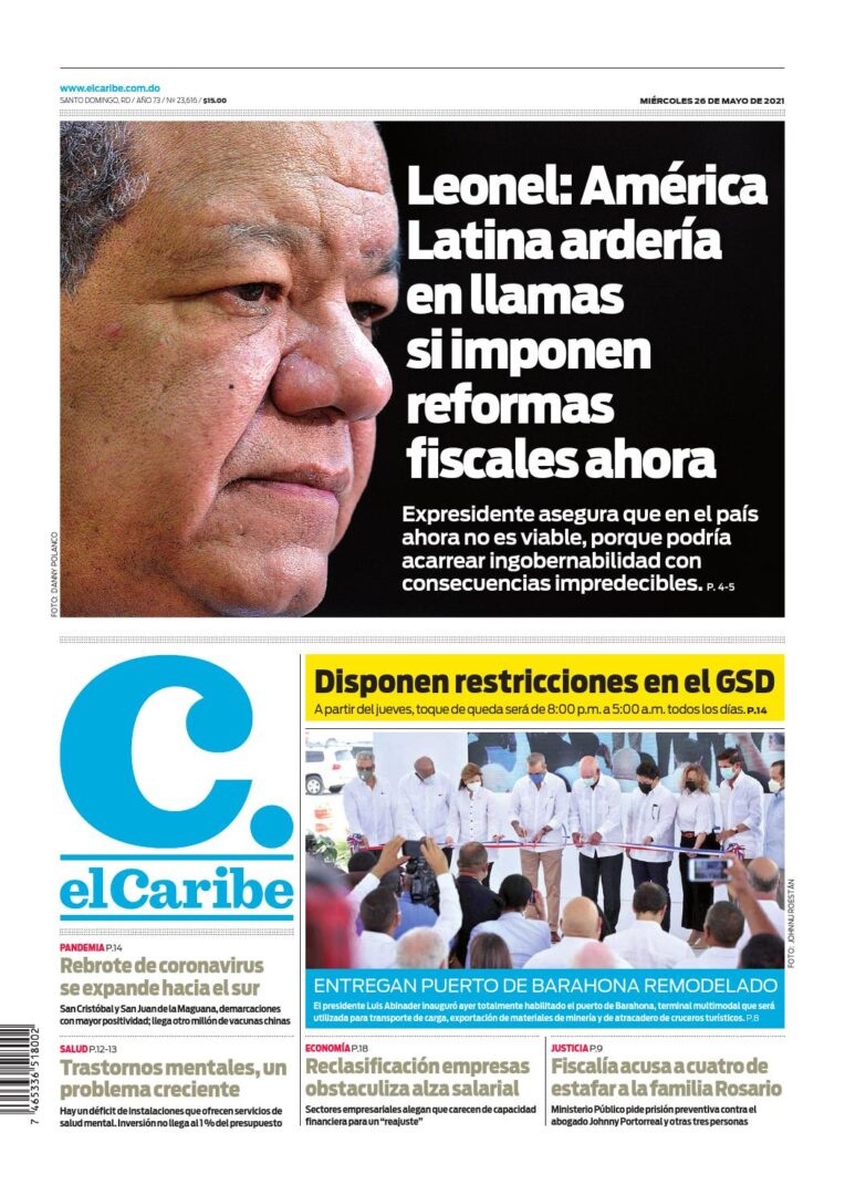 Portada Periódico El Caribe, Miércoles 26 de Mayo, 2021