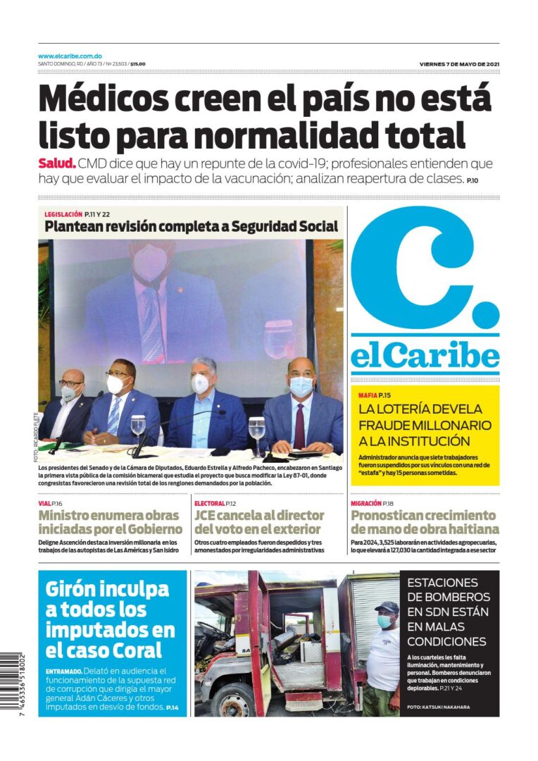 Portada Periódico El Caribe, Viernes 07 de Mayo, 2021