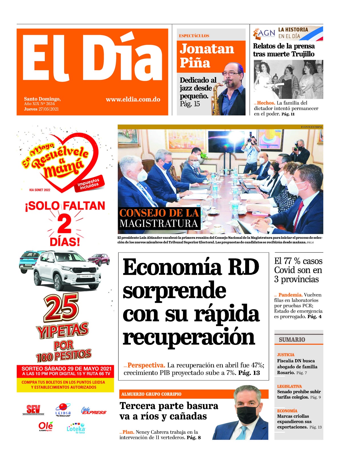 Portada Periódico El Día, Jueves 27 de Mayo, 2021