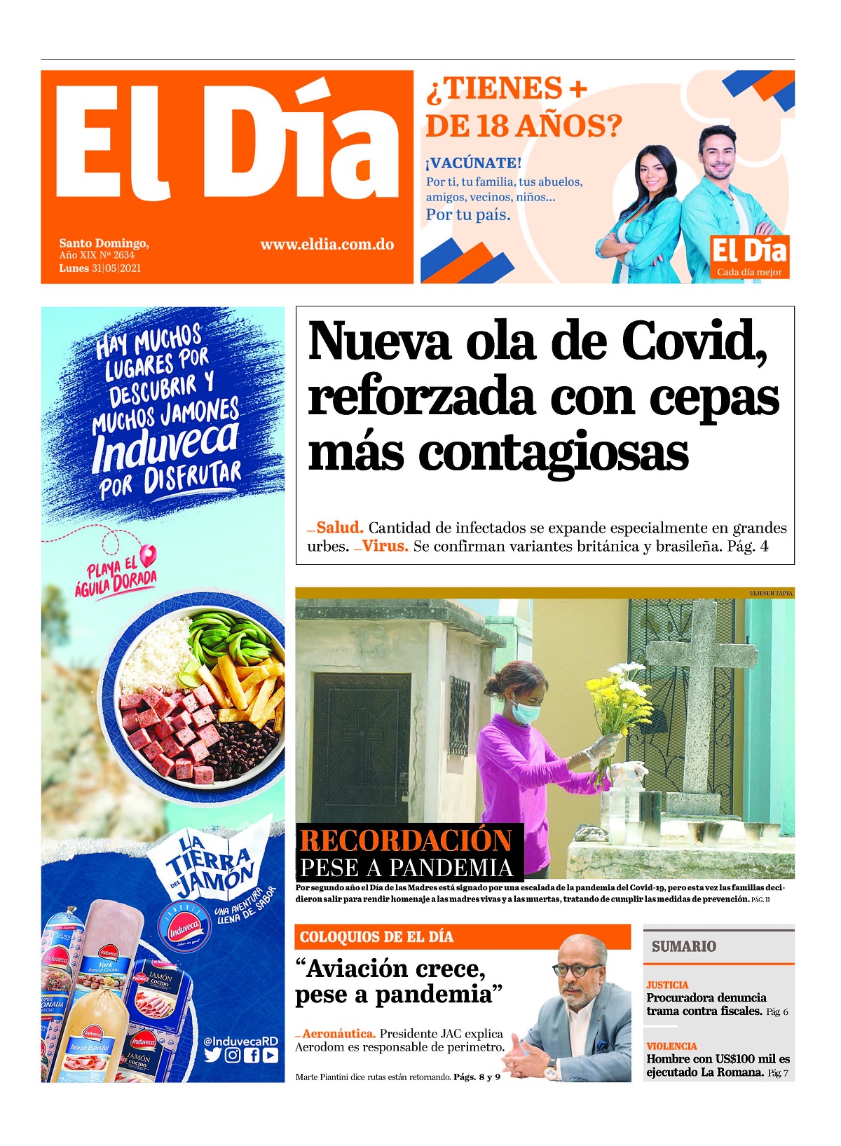 Portada Periódico El Día, Lunes 31 de Mayo, 2021