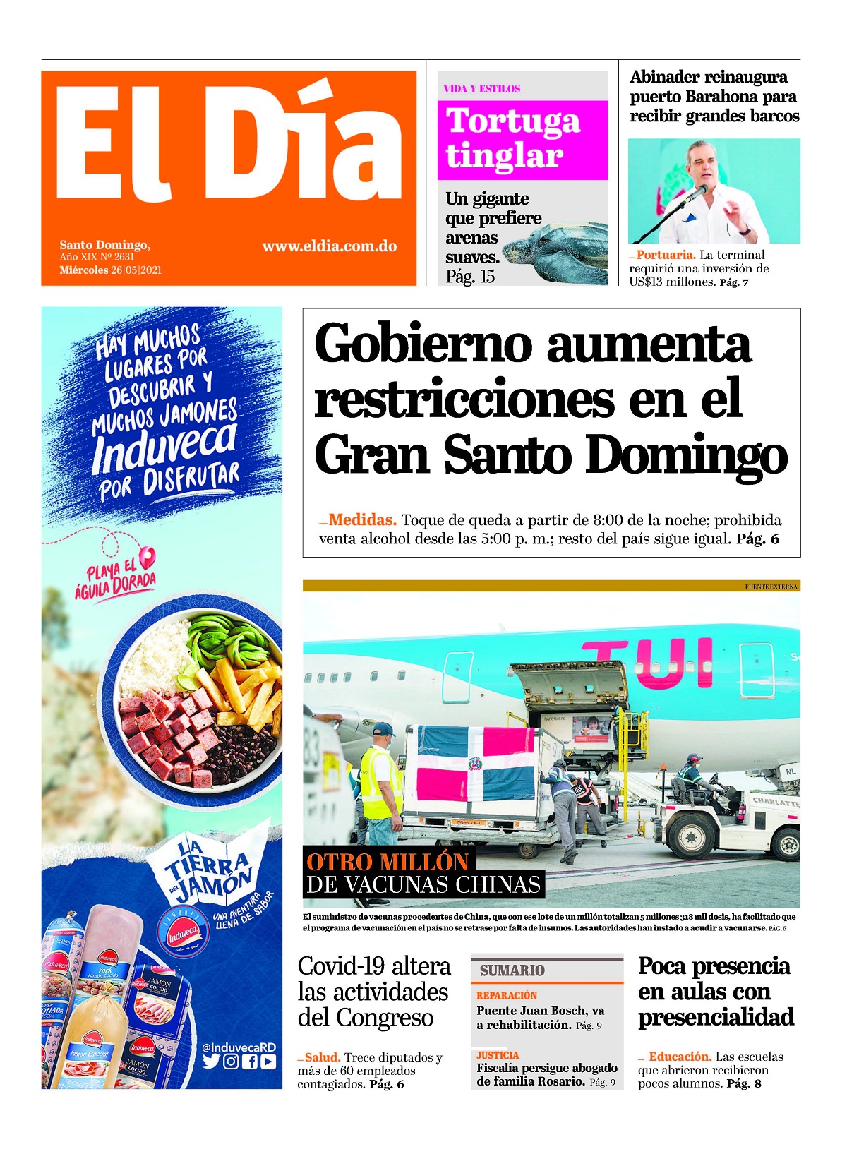 Portada Periódico El Día, Miércoles 26 de Mayo, 2021