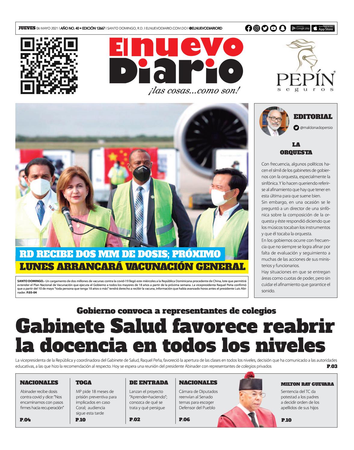 Portada Periódico El Nuevo Diario, Jueves 06 de Mayo, 2021