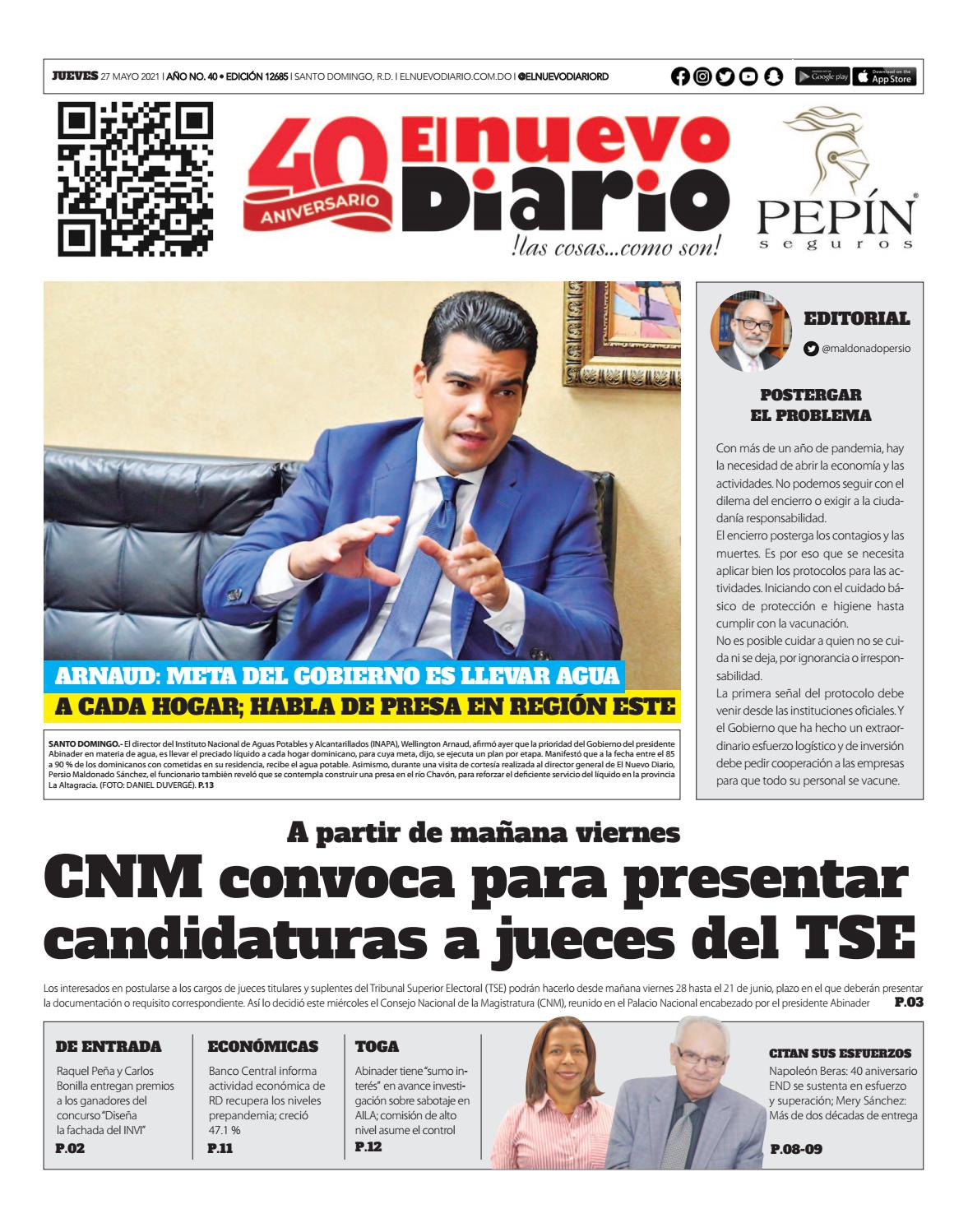 Portada Periódico El Nuevo Diario, Jueves 27 de Mayo, 2021