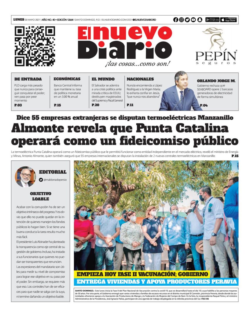 Portada Periódico El Nuevo Diario, Lunes 03 de Mayo, 2021