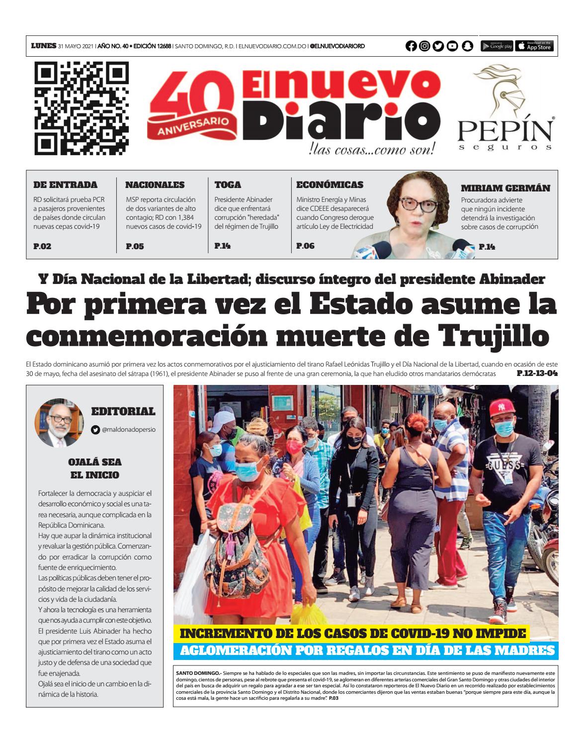 Portada Periódico El Nuevo Diario, Lunes 31 de Mayo, 2021