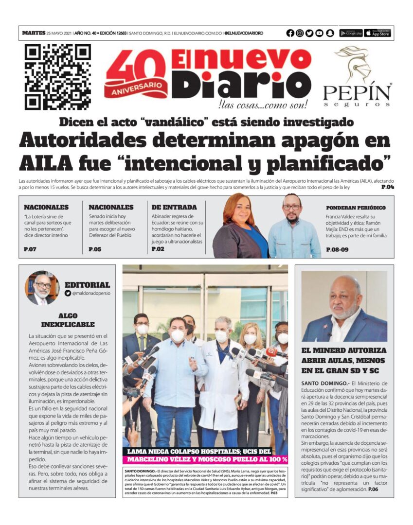 Portada Periódico El Nuevo Diario, Martes 25 de Mayo, 2021