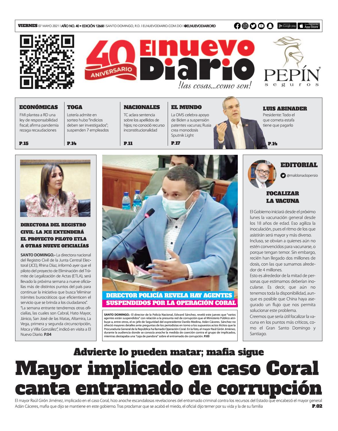 Portada Periódico El Nuevo Diario, Viernes 07 de Mayo, 2021