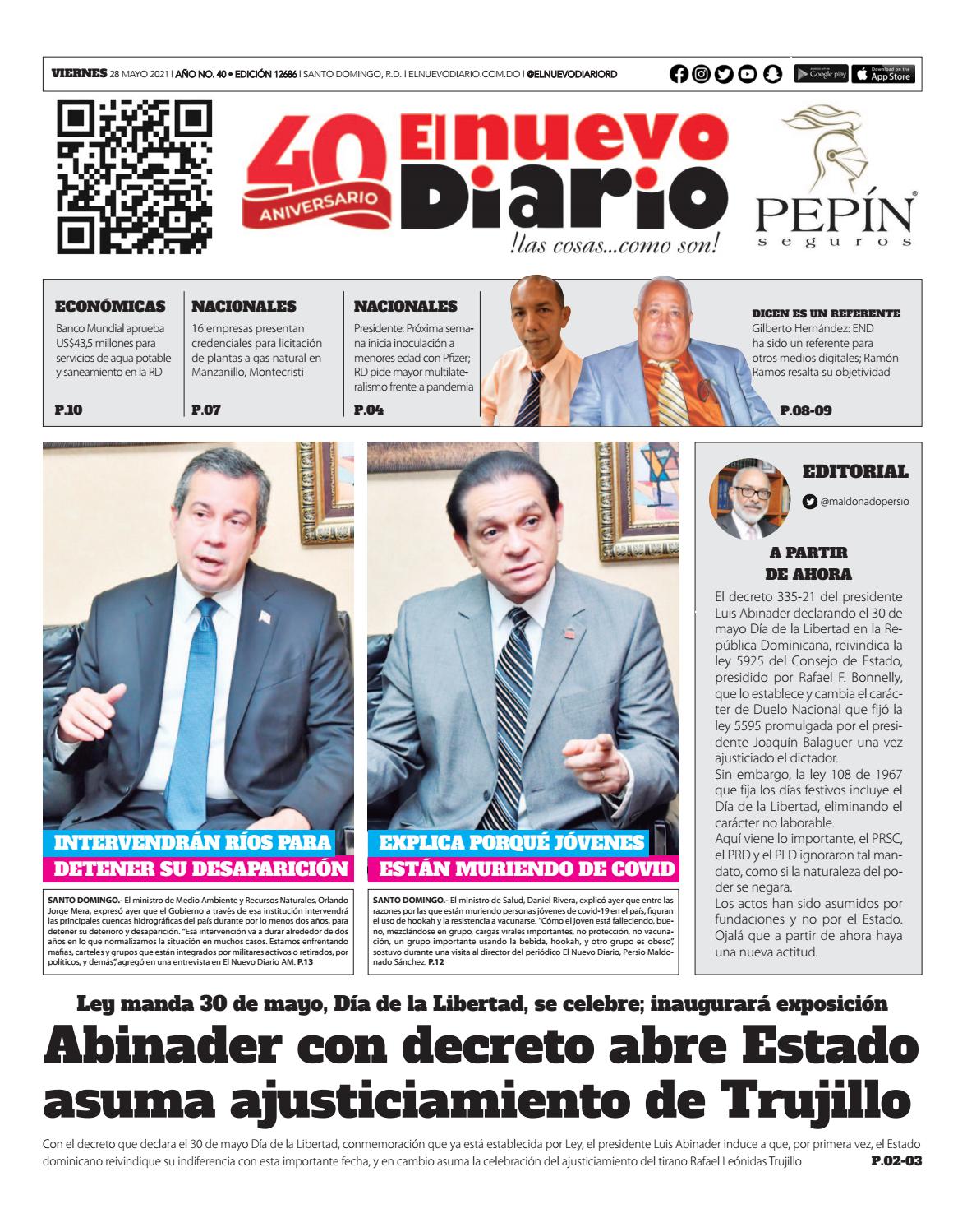 Portada Periódico El Nuevo Diario, Viernes 28 de Mayo, 2021