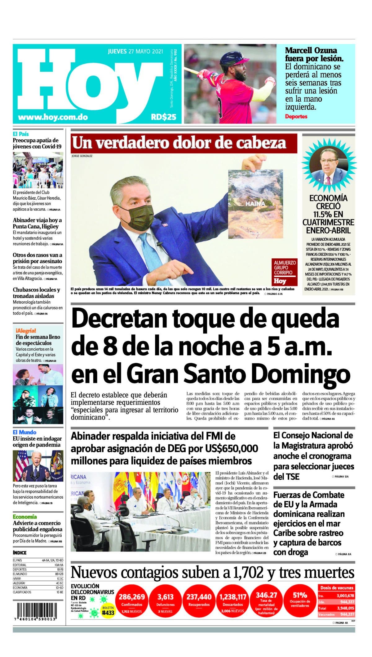 Portada Periódico Hoy, Jueves 27 de Mayo, 2021