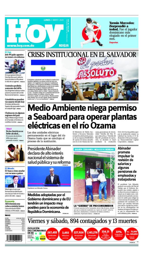 Portada Periódico Hoy, Lunes 03 de Mayo, 2021