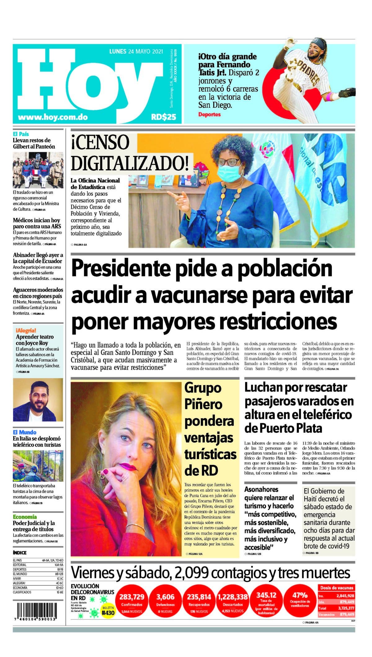 Portada Periódico Hoy, Lunes 24 de Mayo, 2021