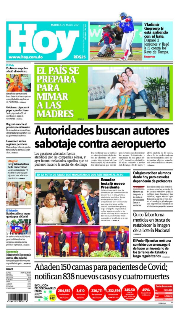 Portada Periódico Hoy, Martes 25 de Mayo, 2021
