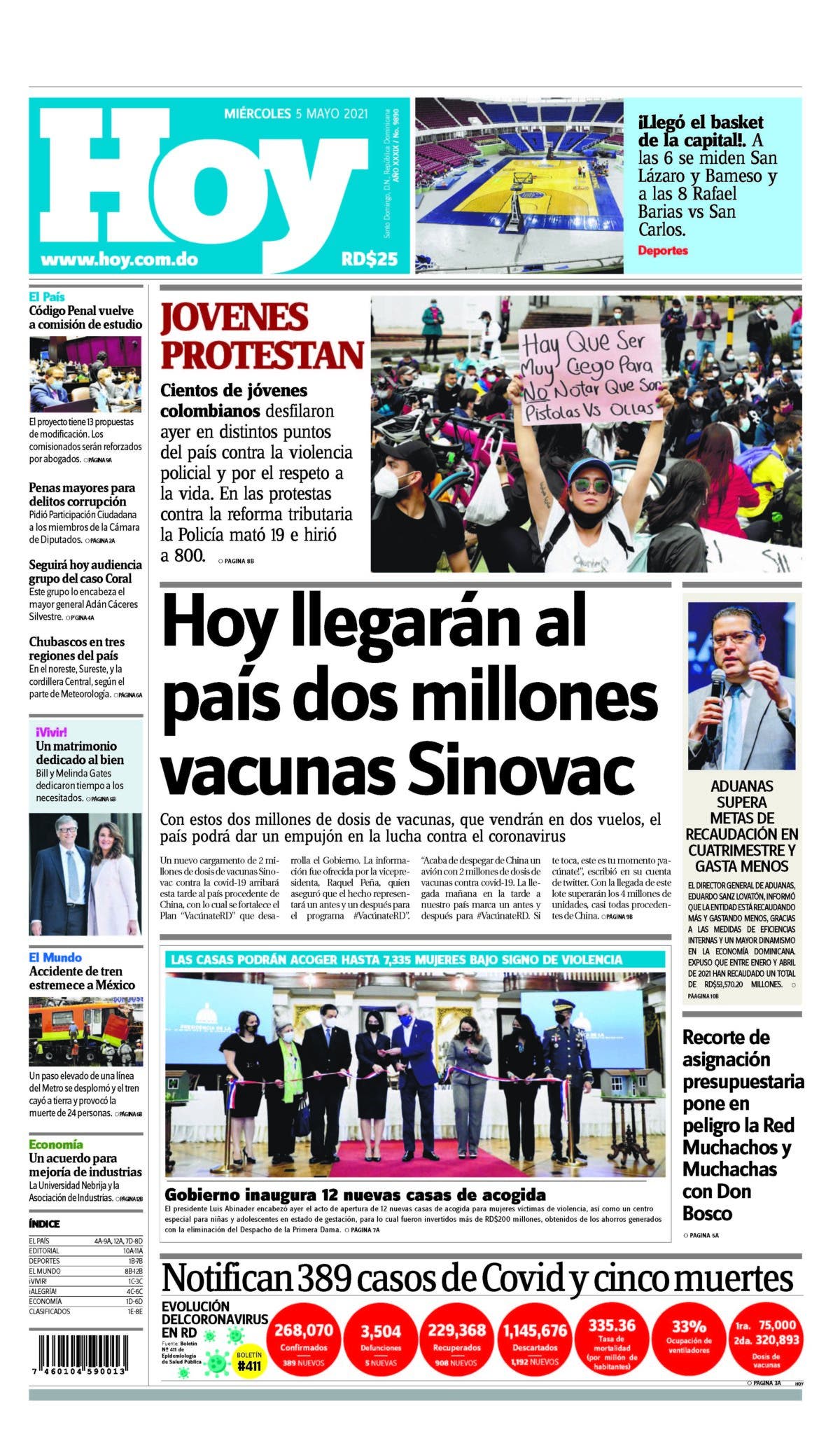 Portada Periódico Hoy, Miércoles 05 de Mayo, 2021