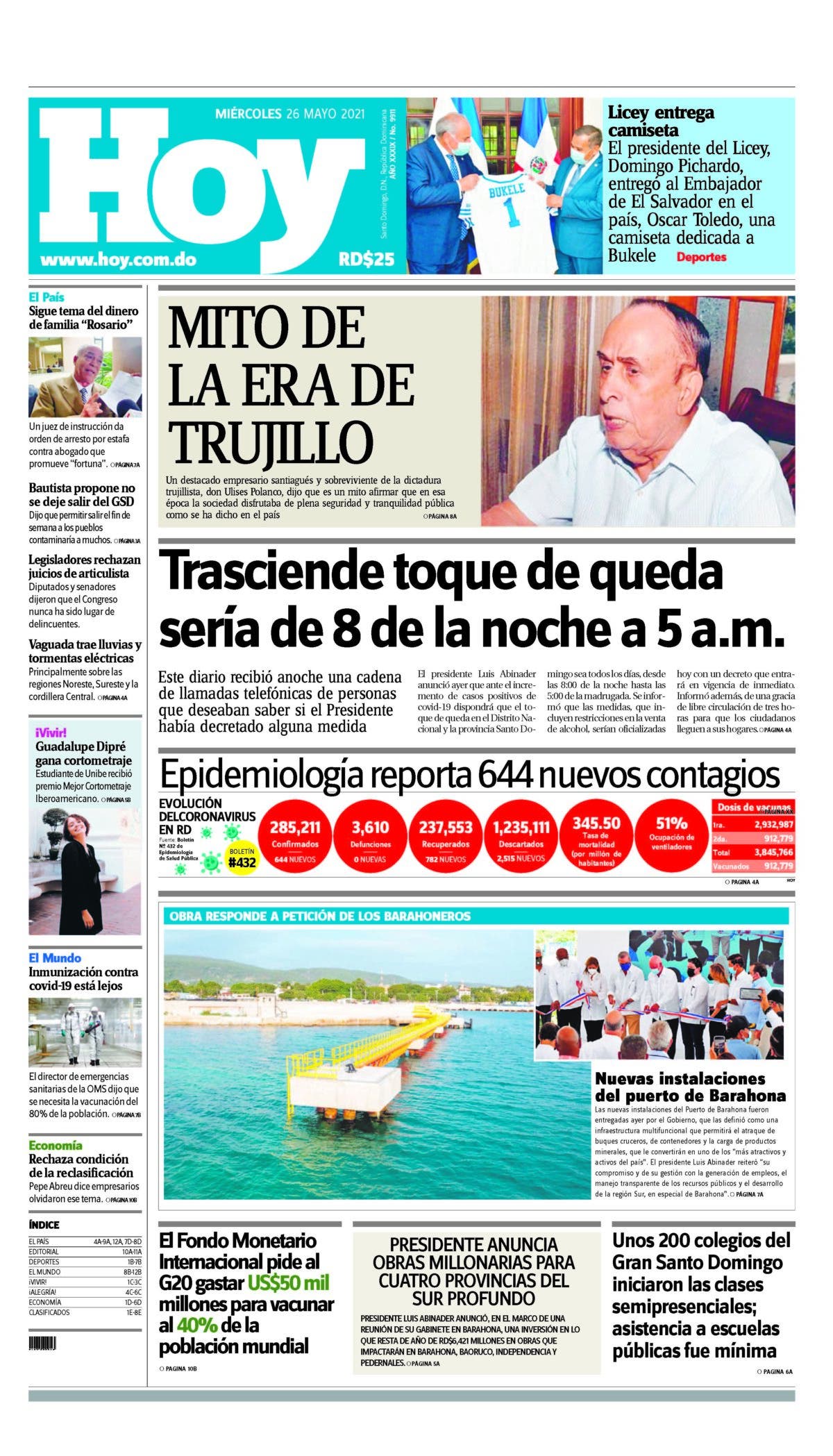 Portada Periódico Hoy, Miércoles 26 de Mayo, 2021