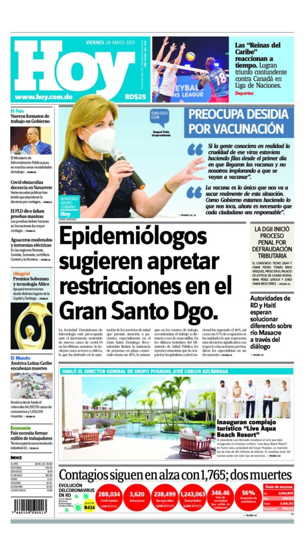 Portada Periódico Hoy, Viernes 28 de Mayo, 2021