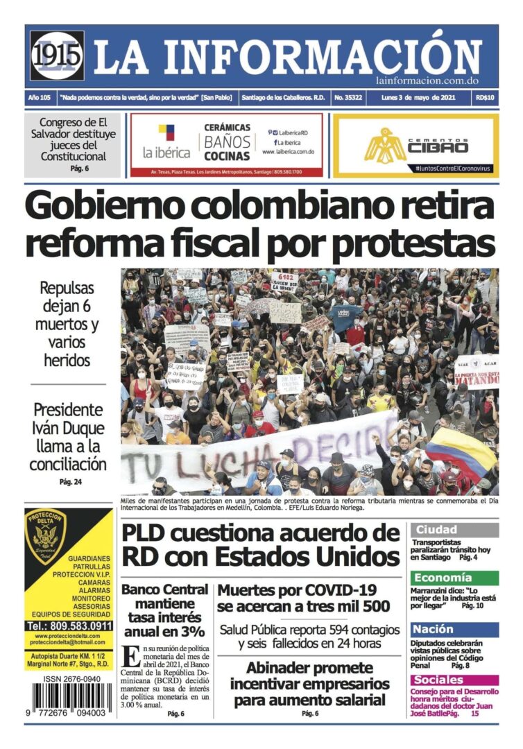 Portada Periódico La Información, Lunes 03 de Mayo, 2021