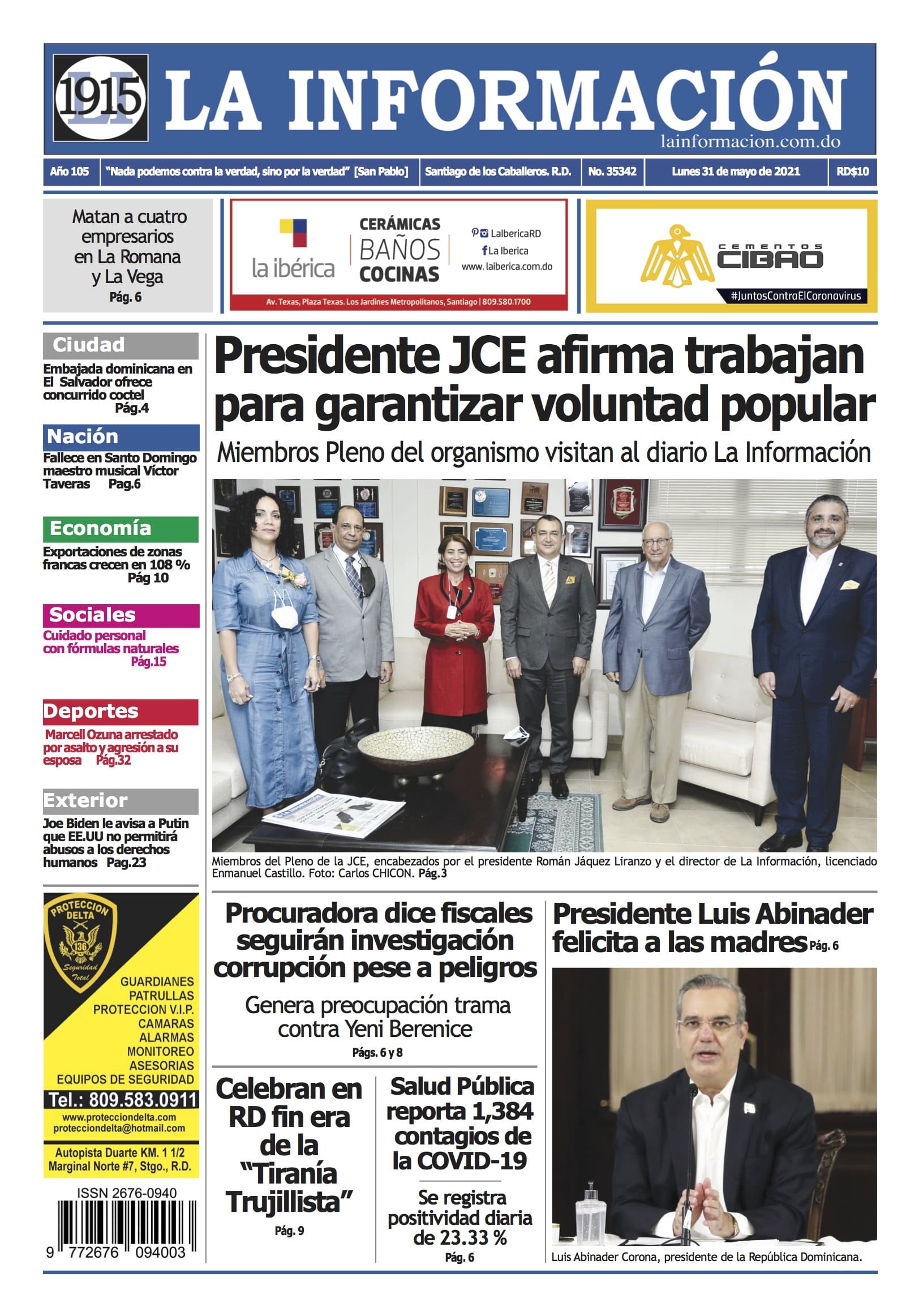 Portada Periódico La Información, Lunes 31 de Mayo, 2021