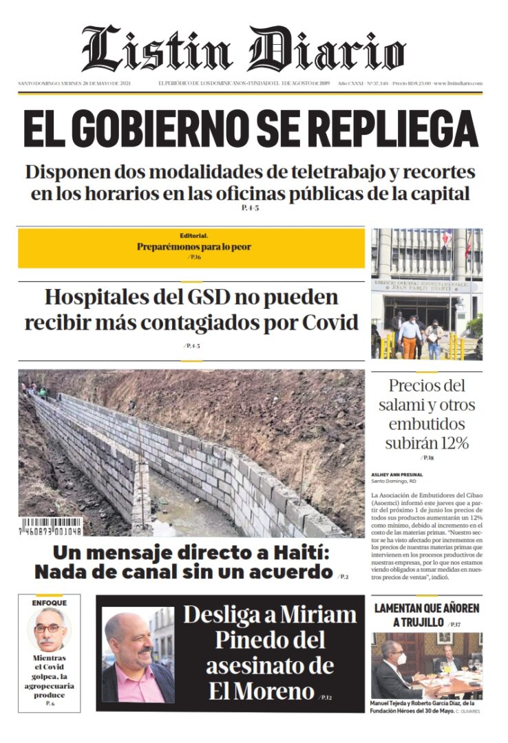 Portada Periódico Listín Diario, Viernes 28 de Mayo, 2021