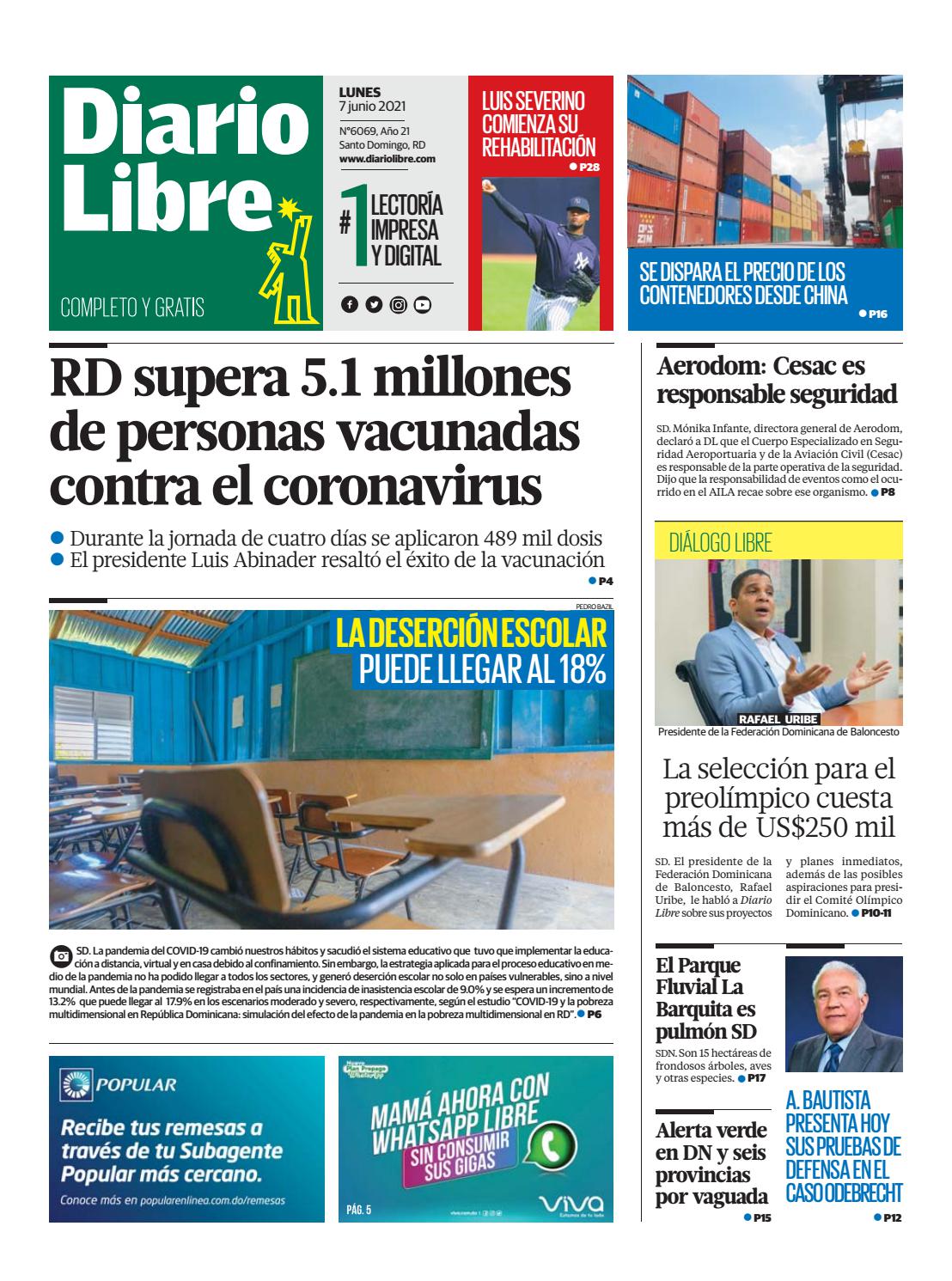 Portada Periódico Diario Libre, Lunes 07 Junio, 2021