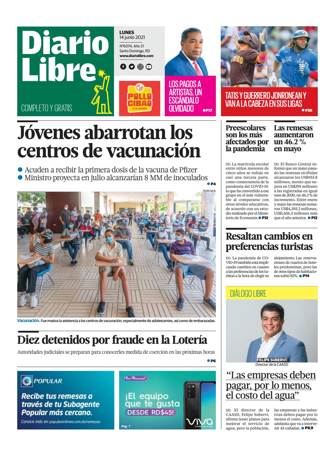 Portada Periódico Diario Libre, Lunes 14 Junio, 2021