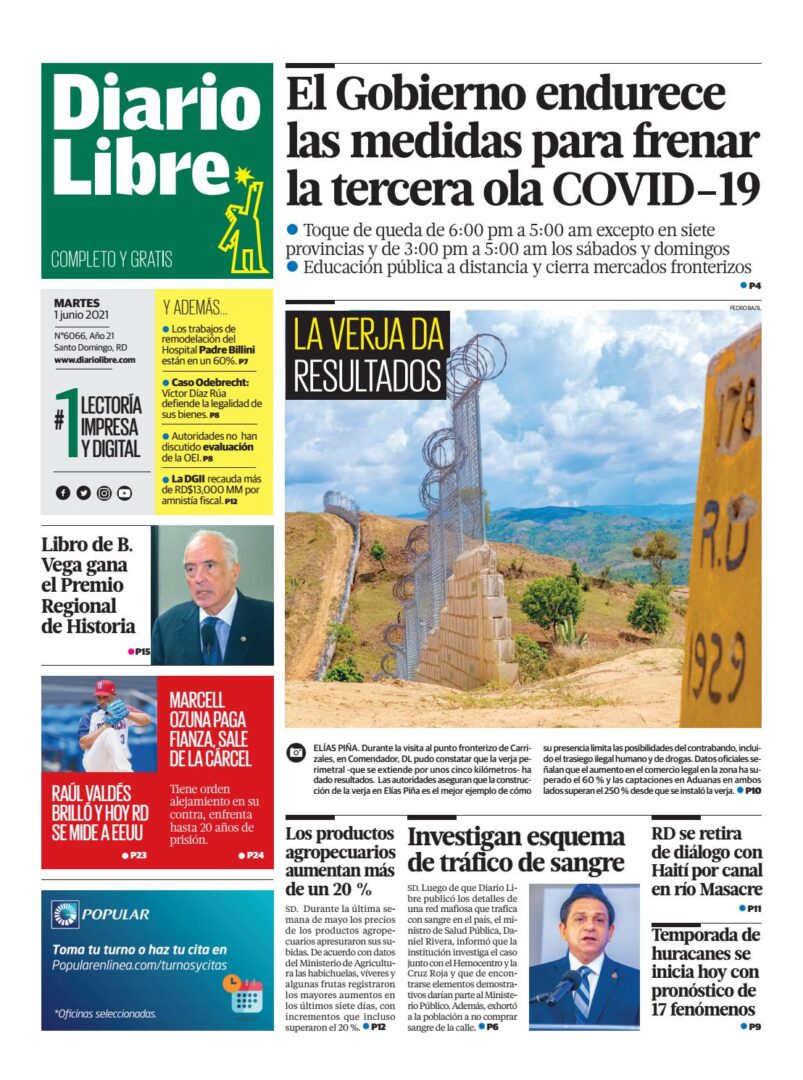 Portada Periódico Diario Libre, Martes 01 Junio, 2021