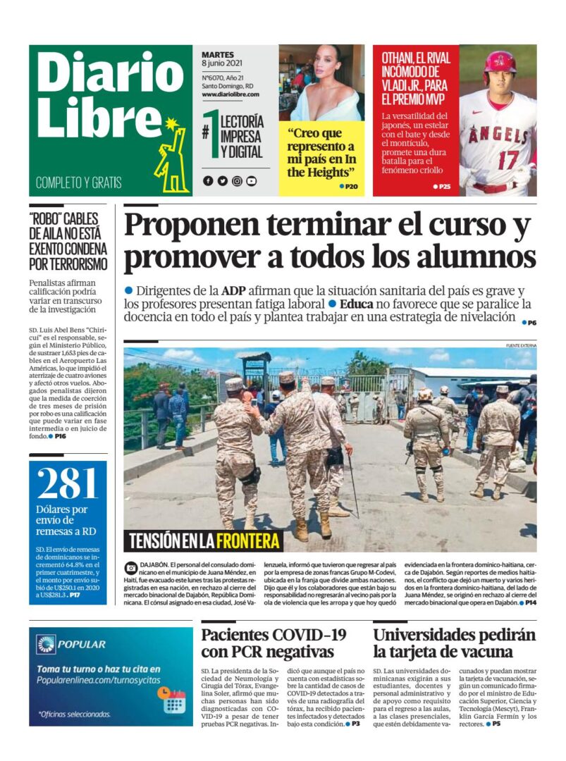 Portada Periódico Diario Libre, Martes 08 Junio, 2021