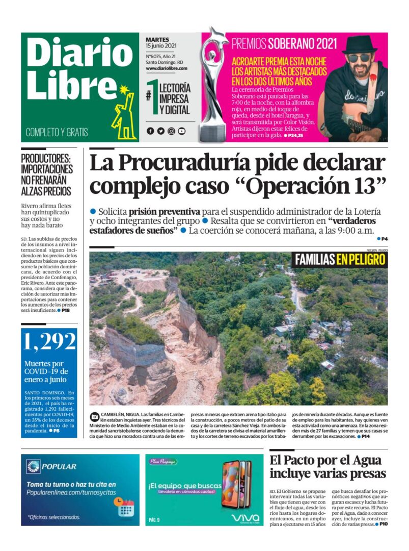 Portada Periódico Diario Libre, Martes 15 Junio, 2021