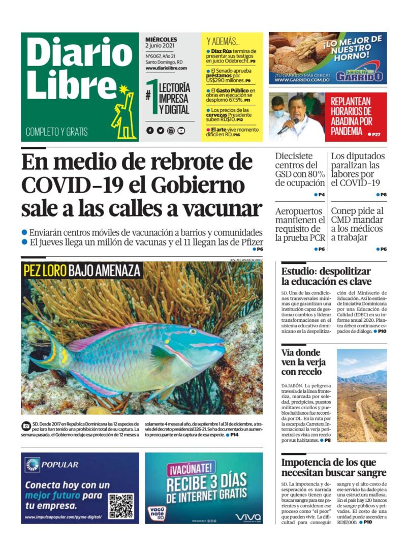 Portada Periódico Diario Libre, Miércoles 02 Junio, 2021