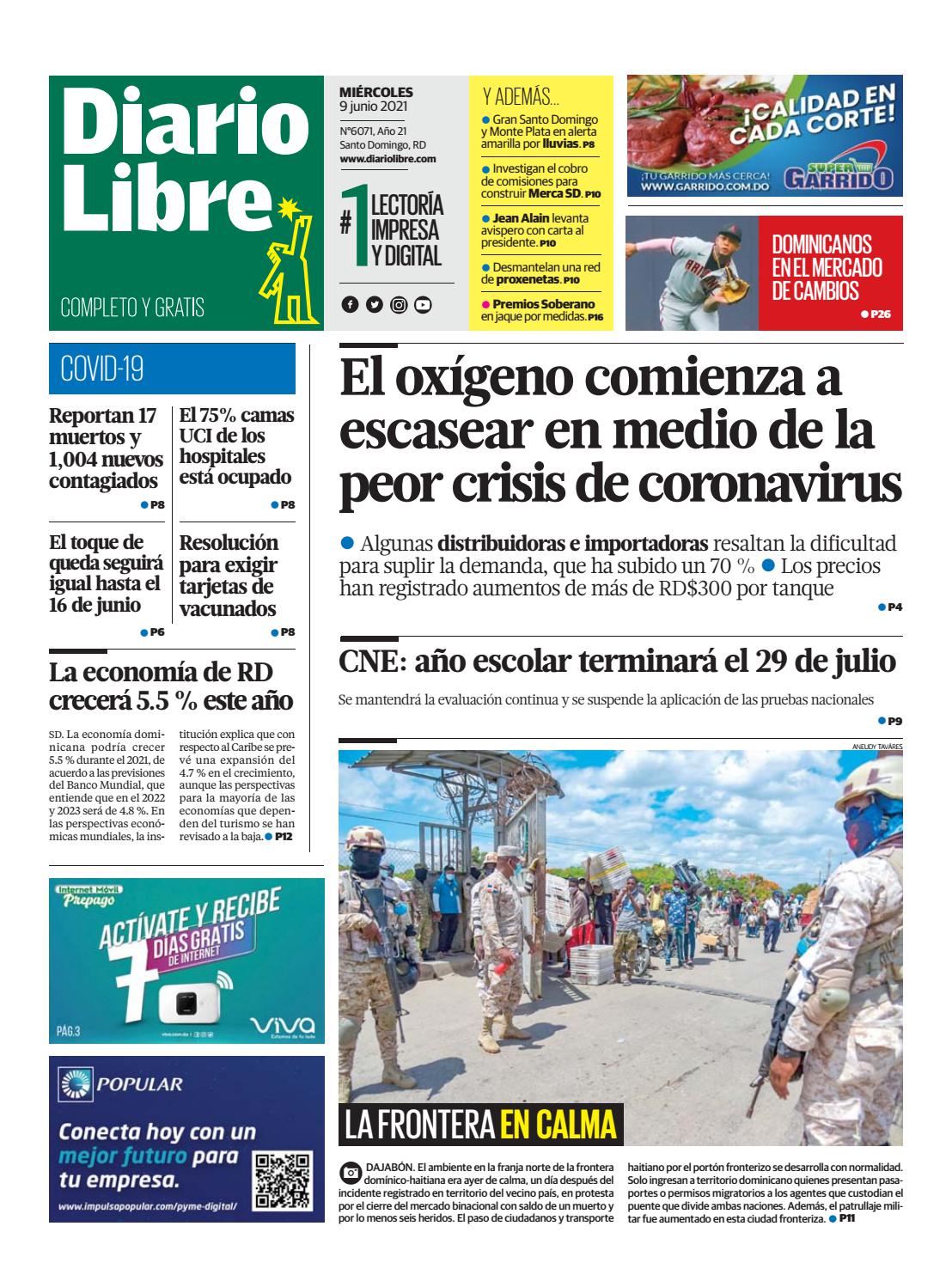 Portada Periódico Diario Libre, Miércoles 09 Junio, 2021