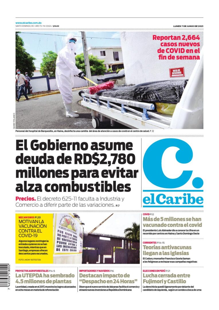 Portada Periódico El Caribe, Lunes 07 Junio, 2021