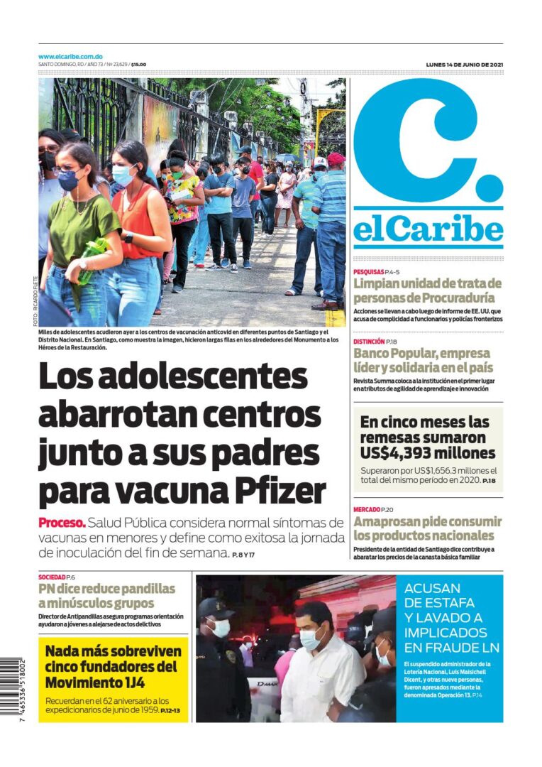 Portada Periódico El Caribe, Lunes 14 Junio, 2021