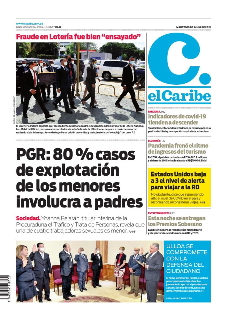 Portada Periódico El Caribe, Martes 15 Junio, 2021