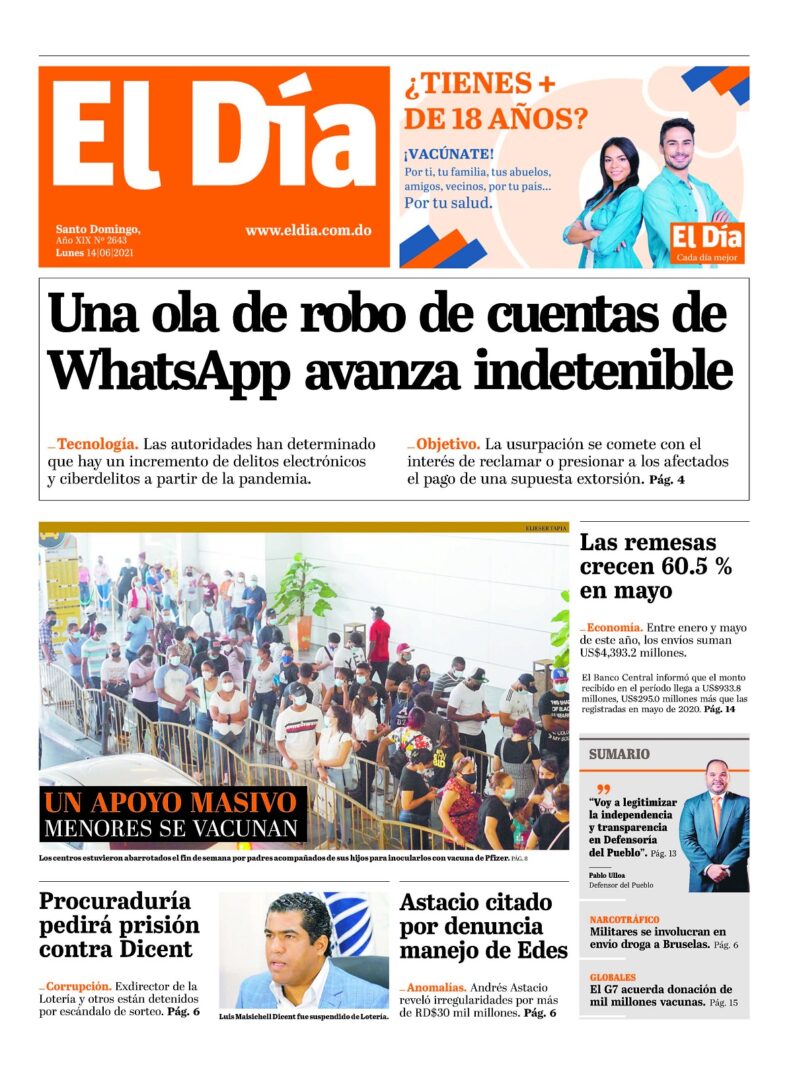Portada Periódico El Día, Lunes 14 Junio, 2021