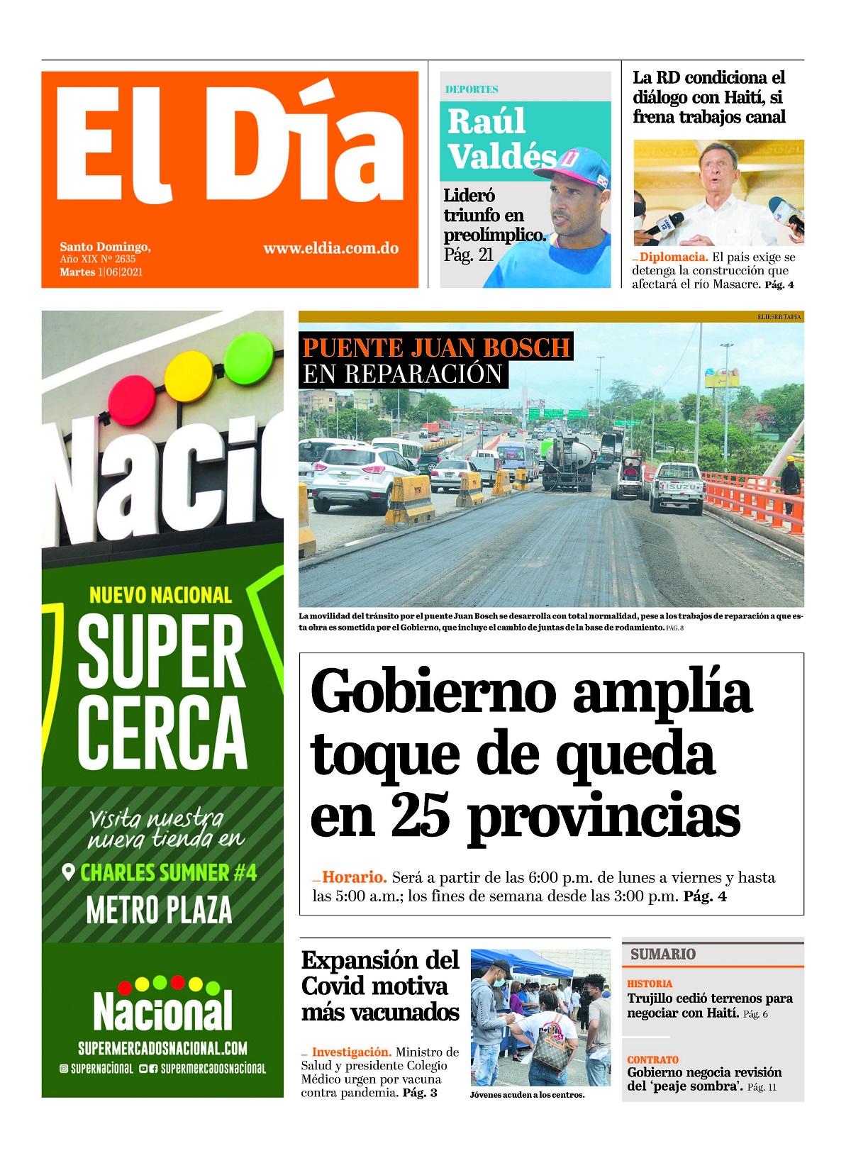 Portada Periódico El Día, Martes 01 Junio, 2021