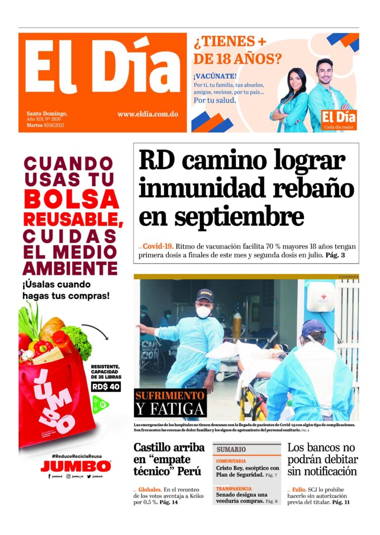 Portada Periódico El Día, Martes 08 Junio, 2021