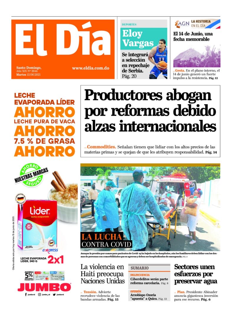 Portada Periódico El Día, Martes 15 Junio, 2021