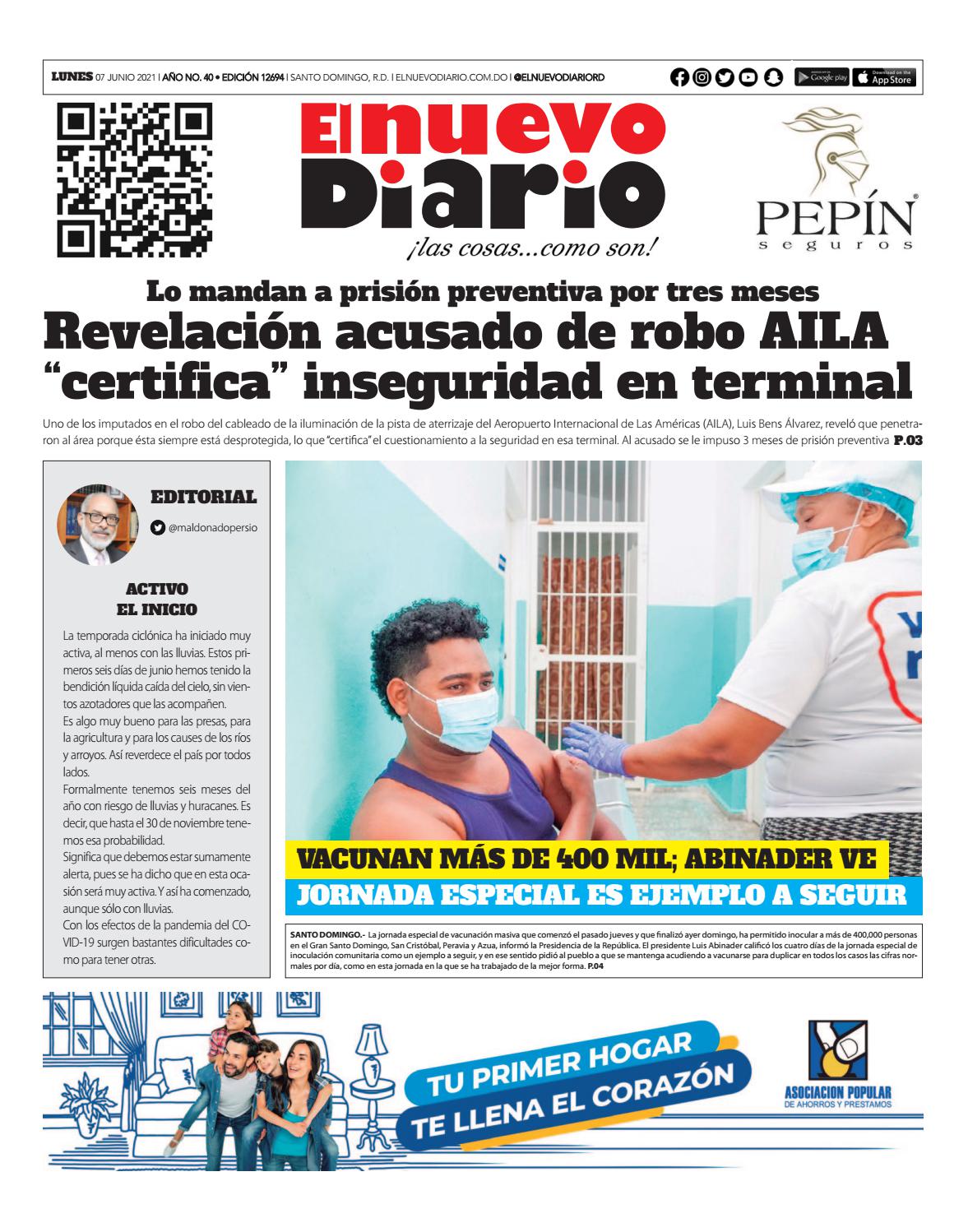 Portada Periódico El Nuevo Diario, Lunes 07 Junio, 2021