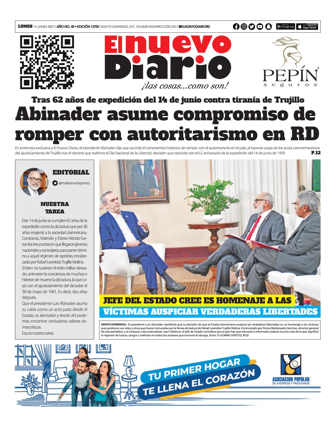 Portada Periódico El Nuevo Diario, Lunes 14 Junio, 2021