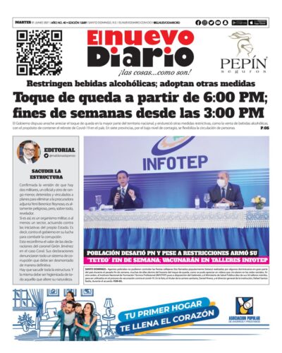 Portada Periódico El Nuevo Diario, Martes 01 Junio, 2021