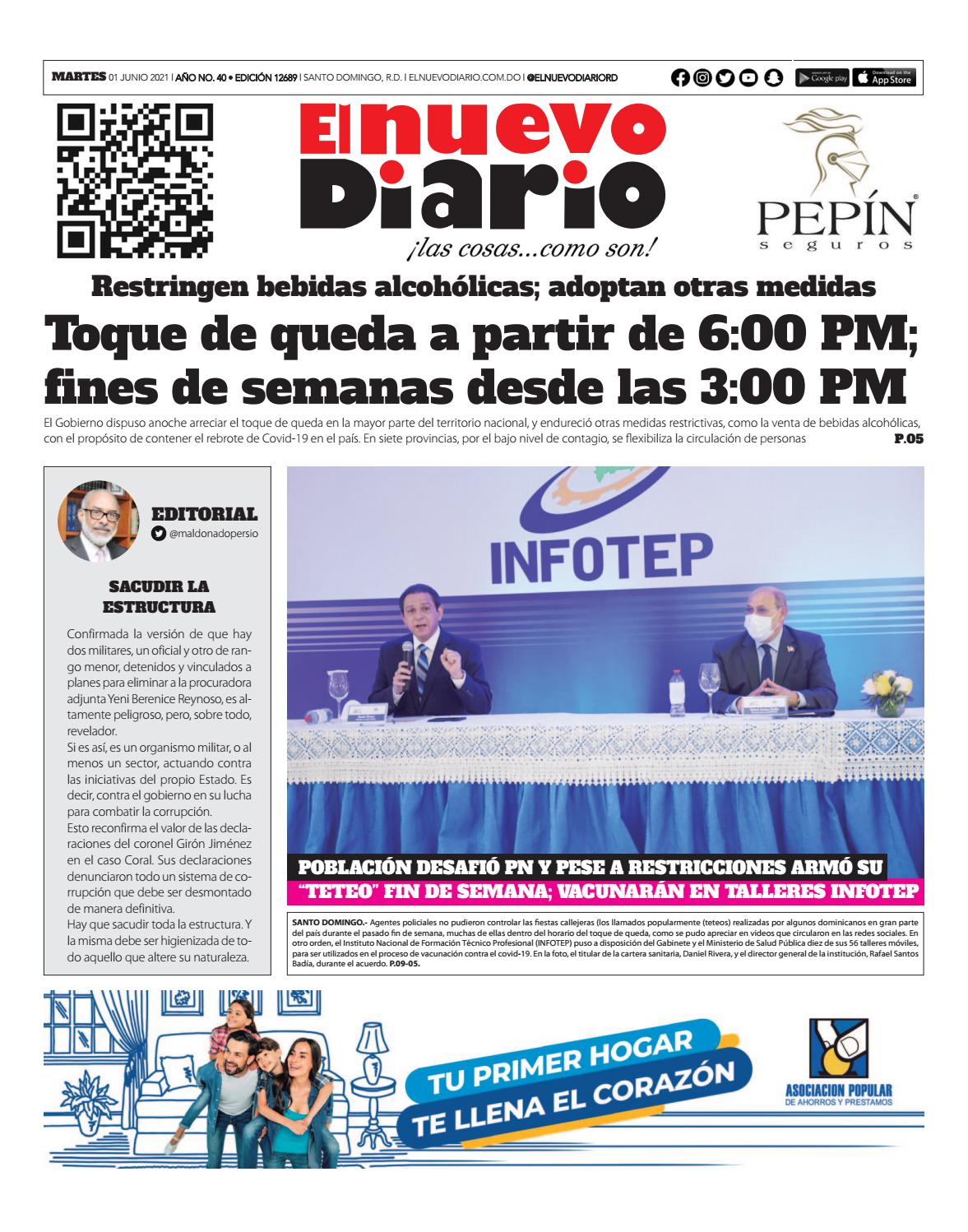 Portada Periódico El Nuevo Diario, Martes 01 Junio, 2021