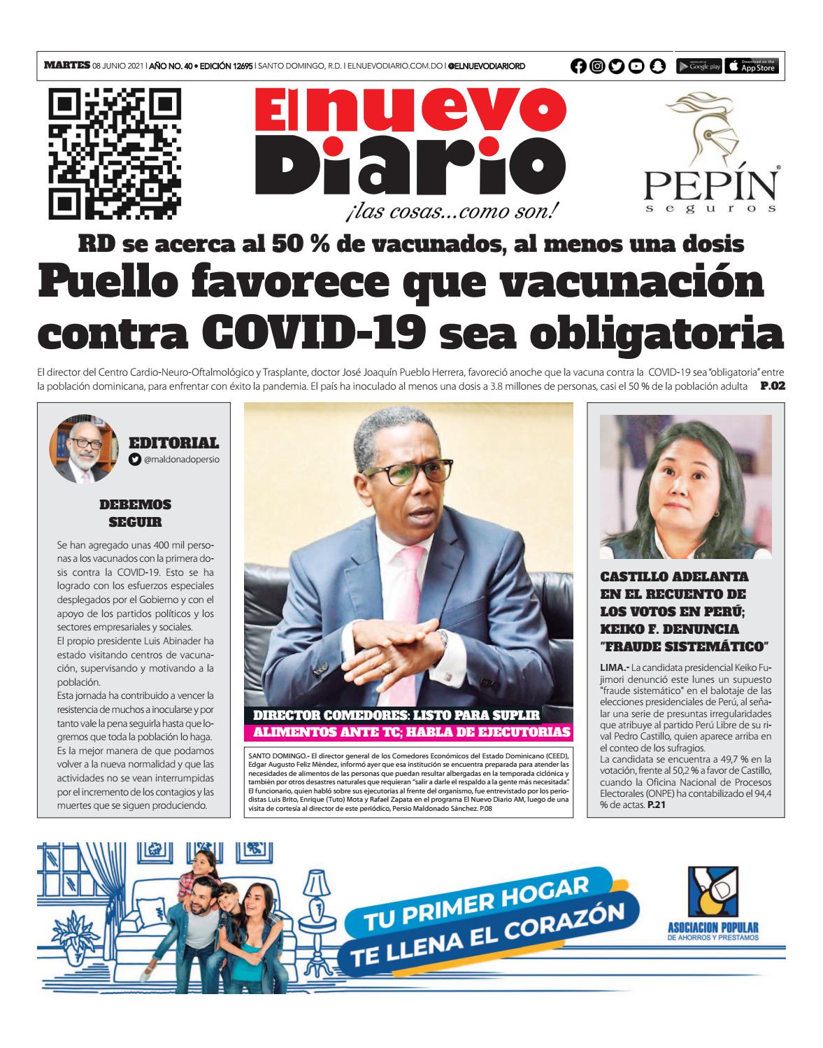 Portada Periódico El Nuevo Diario, Martes 08 Junio, 2021