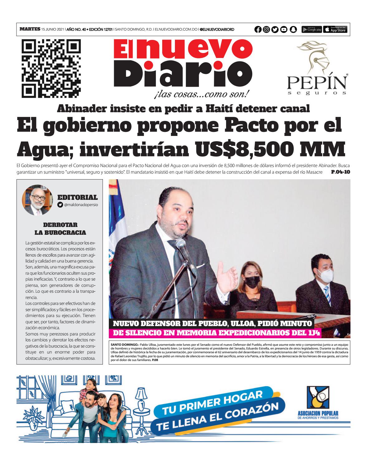 Portada Periódico El Nuevo Diario, Martes 15 Junio, 2021