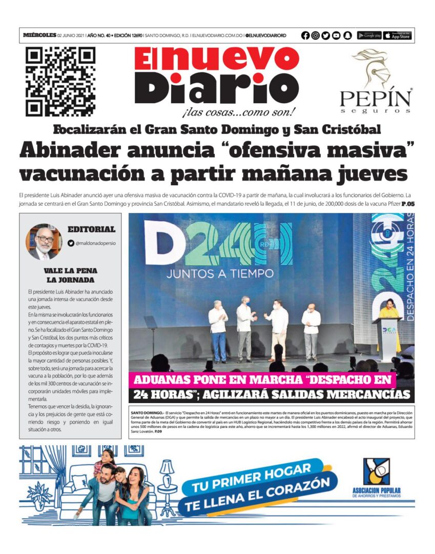 Portada Periódico El Nuevo Diario, Miércoles 02 Junio, 2021
