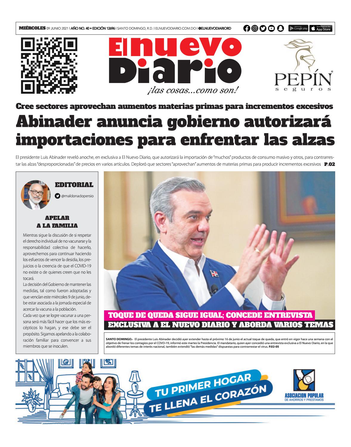 Portada Periódico El Nuevo Diario, Miércoles 09 Junio, 2021