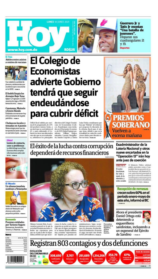 Portada Periódico Hoy, Lunes 14 Junio, 2021