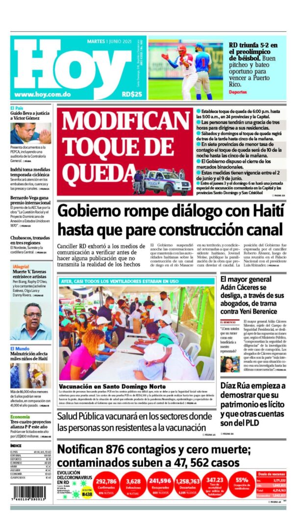 Portada Periódico Hoy, Martes 01 Junio, 2021