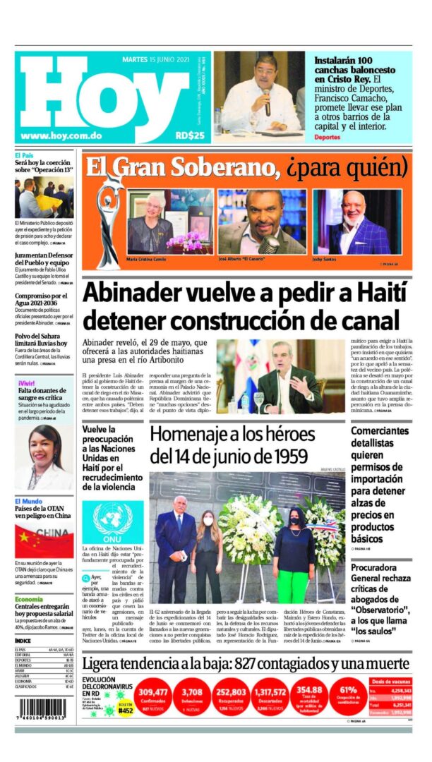 Portada Periódico Hoy, Martes 15 Junio, 2021