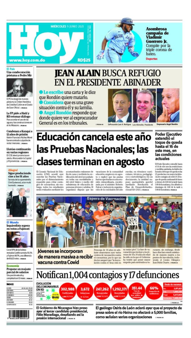 Portada Periódico Hoy, Miércoles 09 Junio, 2021