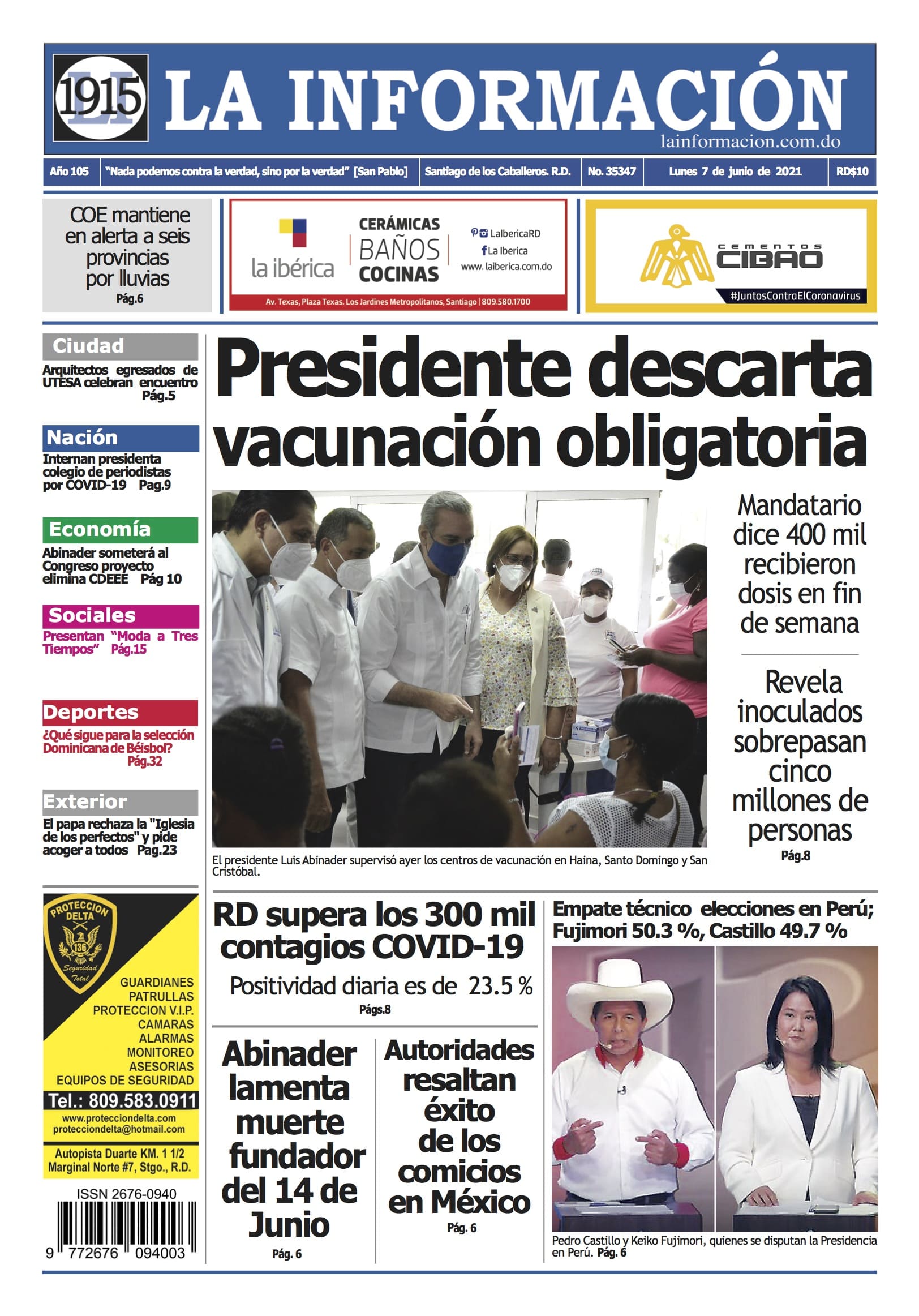 Portada Periódico La Información, Lunes 07 Junio, 2021