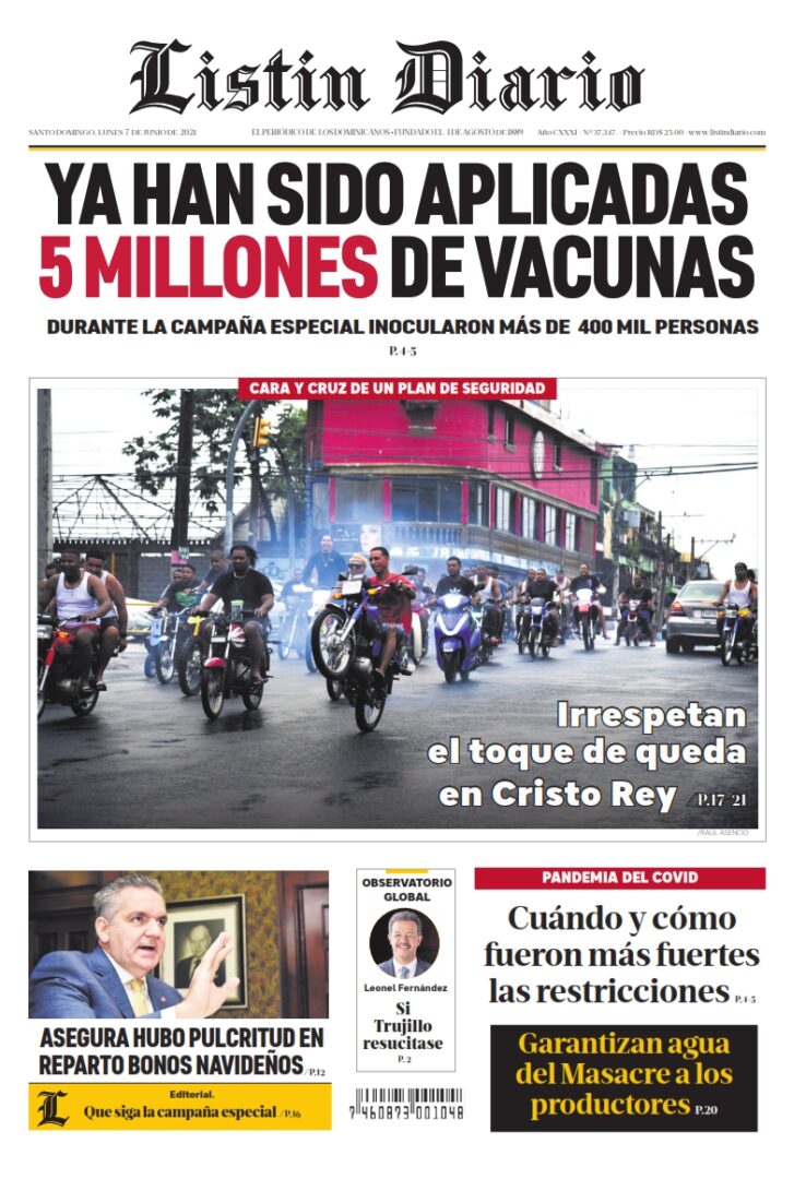 Portada Periódico Listín Diario, Lunes 07 Junio, 2021